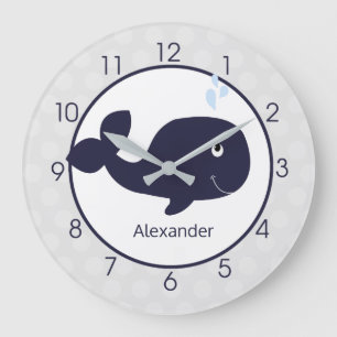 Cute Navy Blue och Grått Whale Nautism Nursery Stor Klocka