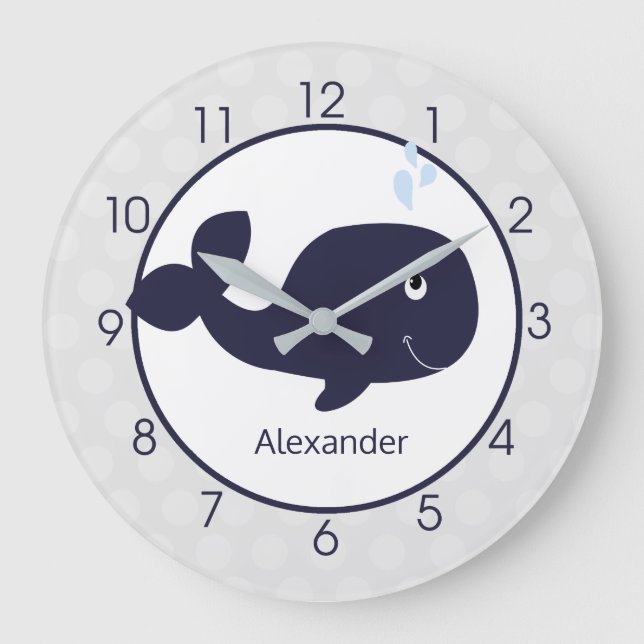Cute Navy Blue och Grått Whale Nautism Nursery Stor Klocka (Framsida)