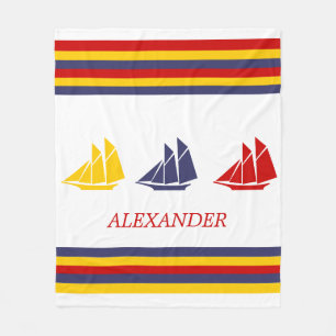 Cute Navy Blue Red Gult Sailboat-Rand nautiskt Fleecefilt
