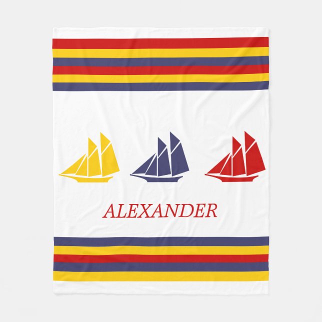 Cute Navy Blue Red Gult Sailboat-Rand nautiskt Fleecefilt (Framsidan)