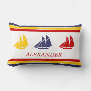 Cute Navy Blue Red Gult Sailboat-Rand nautiskt Lumbarkudde