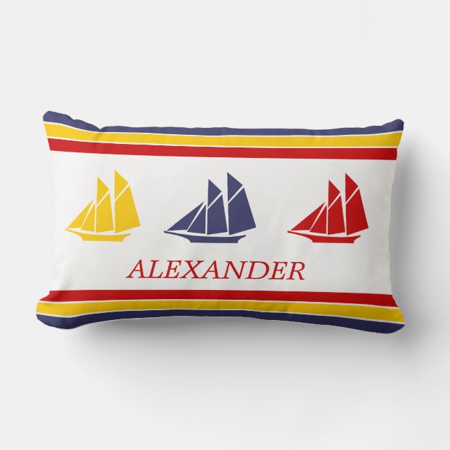 Cute Navy Blue Red Gult Sailboat-Rand nautiskt Lumbarkudde (Framsida)