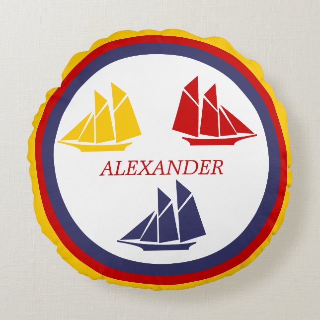 Cute Navy Blue Red Gult Sailboat-Rand nautiskt Rund Kudde (Framsidan)