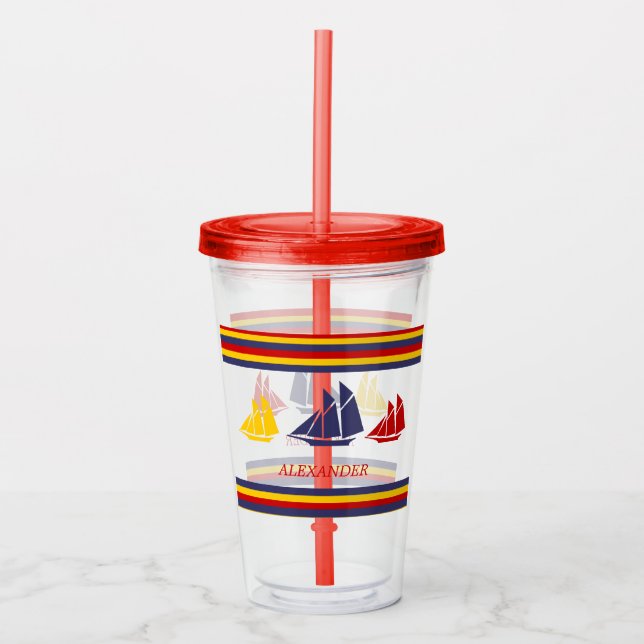 Cute Navy Blue Red Gult Sailboat-Rand nautiskt Take Away Mugg (Framsida)