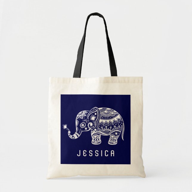 Cute Navy Blue & White Blommigt Elephant Tygkasse (Framsidan)