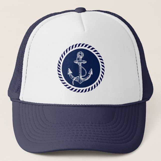 Cute Navy Blue & White Nautical Boat Anchor 4 Truckerkeps (Framsida)