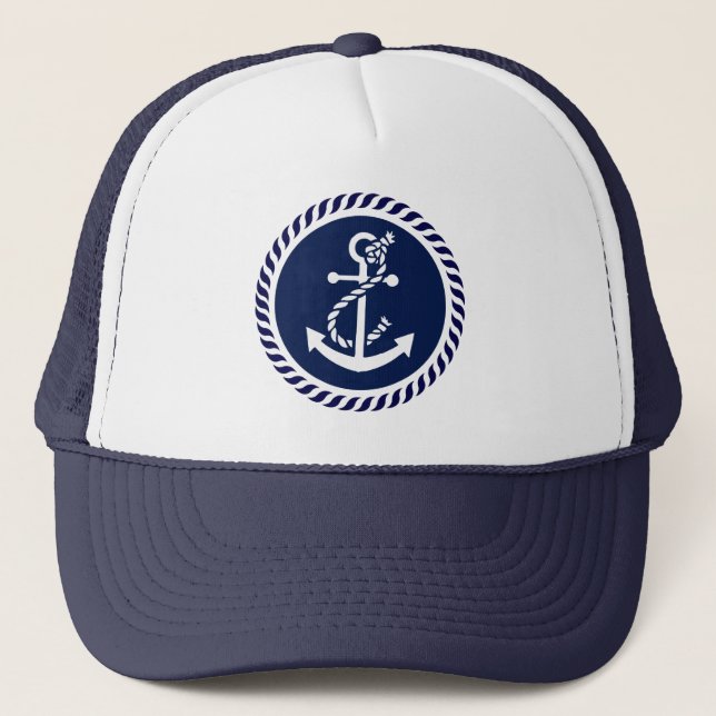 Cute Navy Blue & White Nautical Boat Anchor Truckerkeps (Framsida)
