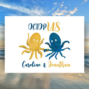 Cute Navy och Guld Octopus Coastal Ocean Bröllop Inbjudningar
