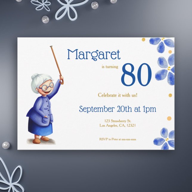 Cute Navy och White Old Women med käpp blommigt Inbjudningar (Cute grandma's 80th birthday floral invitation)