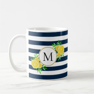 Cute Navy Rand Gult Watercolor Lemon Monogram Kaffemugg