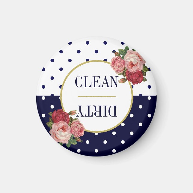 Cute Navy White Dots Blommigt Clean Dirty Dishwash Magnet (Framsidan)
