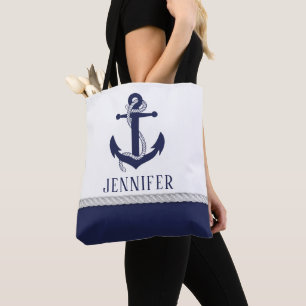 Cute Navy White Nautical Rope Anchor Monogram Tygkasse