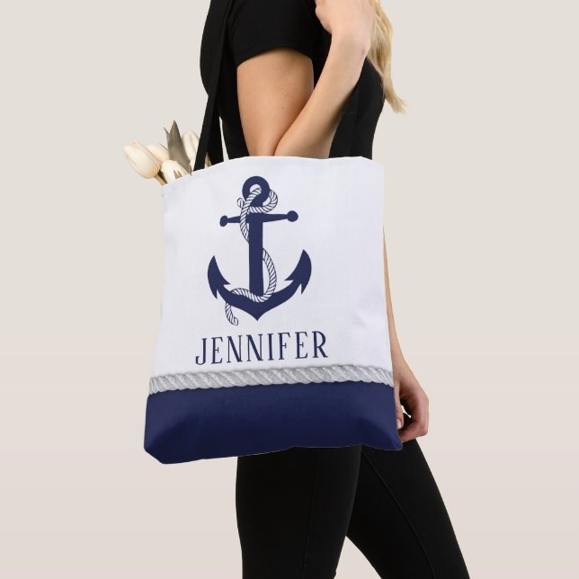 Cute Navy White Nautical Rope Anchor Monogram Tygkasse (Närbild)