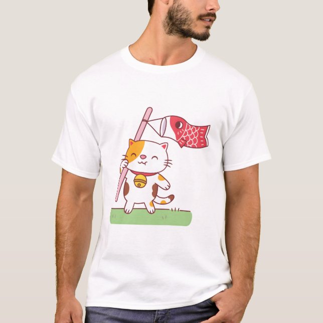 Cute Neko Cat och Koinobori Carp Streamer T Shirt (Framsida)