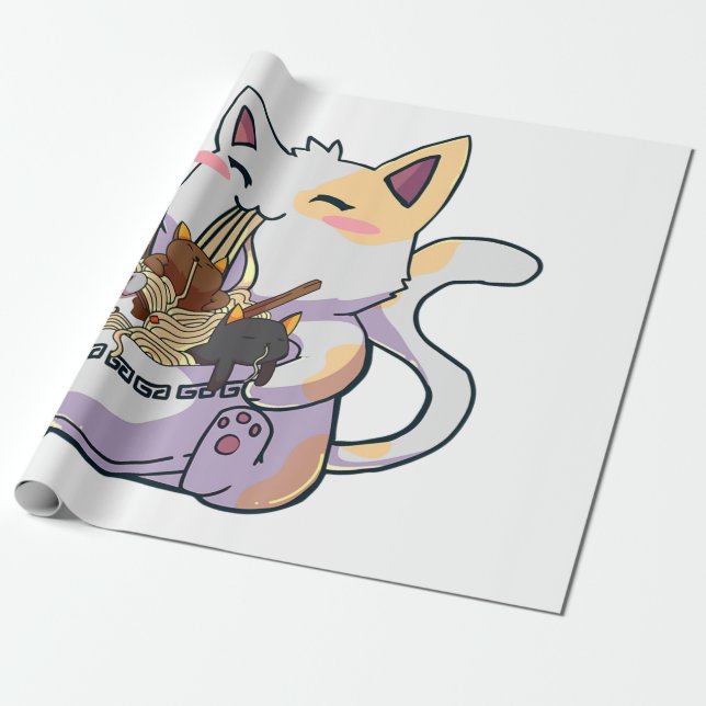 Cute Neko Cat With Ramen Noodles Bowl Anime Japan  Presentpapper (Utrullad)
