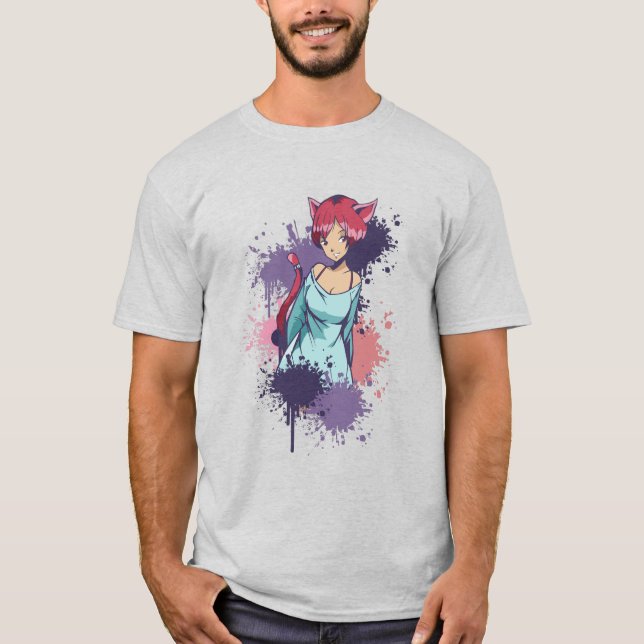Cute Neko Girl - Cherry Cat Girl T Shirt (Framsida)