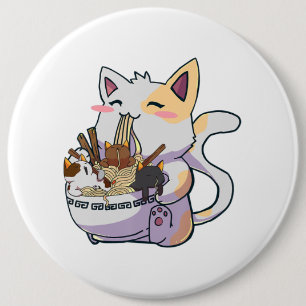 Cute Neko-katt med Ramen Noodles Bowl Anime Japan Knapp