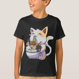 Cute Neko-katt med Ramen Noodles Bowl Anime Japan T Shirt