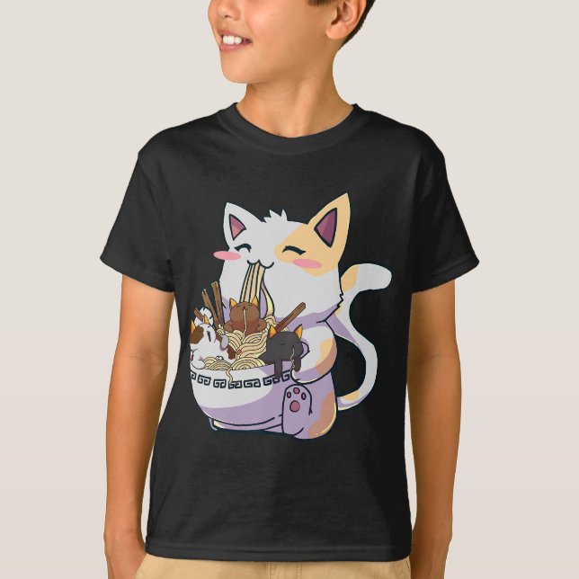 Cute Neko-katt med Ramen Noodles Bowl Anime Japan T Shirt (Framsida)