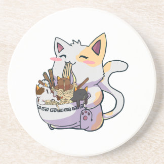 Cute Neko-katt med Ramen Noodles Bowl Anime Japan Underlägg