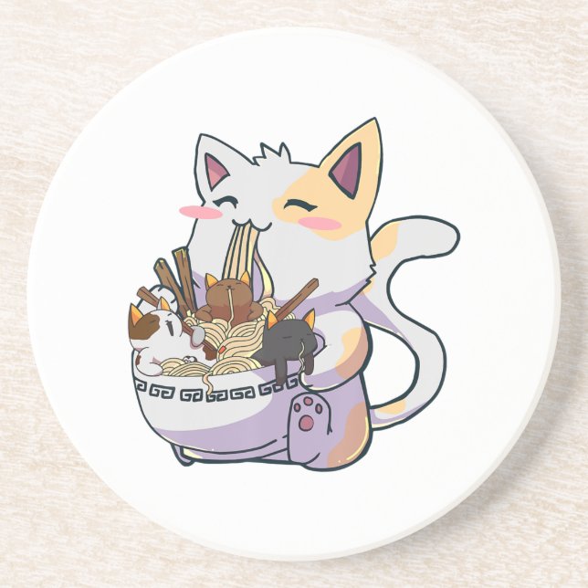 Cute Neko-katt med Ramen Noodles Bowl Anime Japan Underlägg (Framsidan)