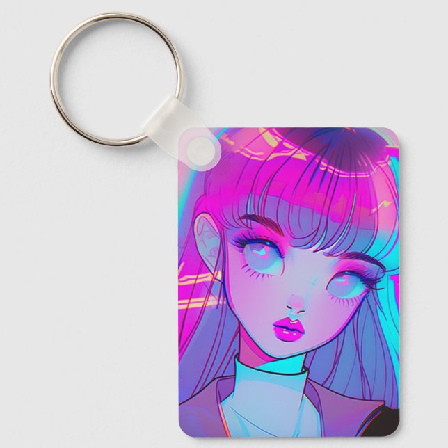 Cute Neon Anime Girl Keychain Nyckelring (Framsida)
