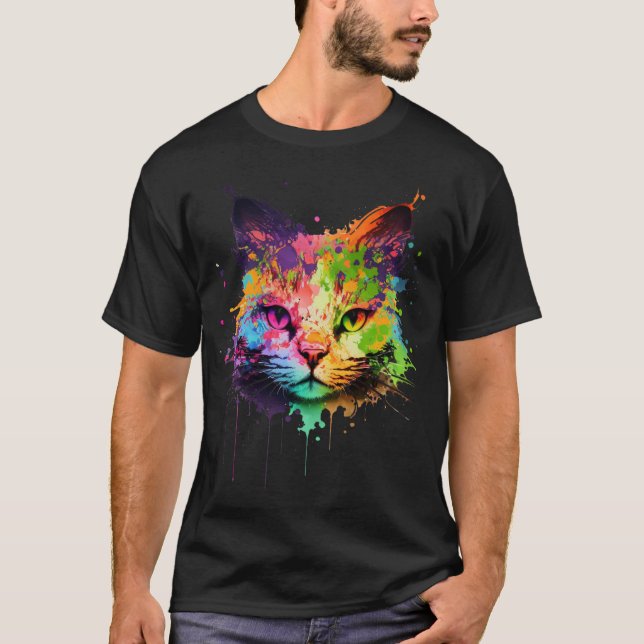 Cute Neon Graffiti Bläck Stänk Cat T Shirt (Framsida)