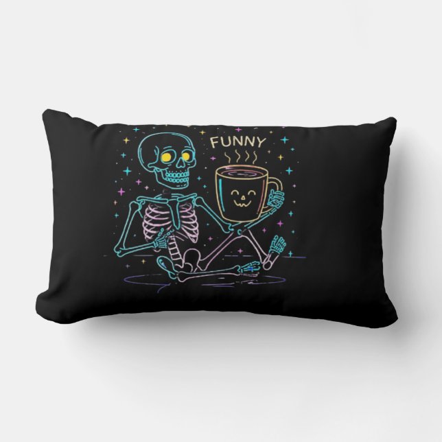 Cute Neon Skeleton Drinking Coffee – Funny Pastel  Lumbarkudde (Framsida)