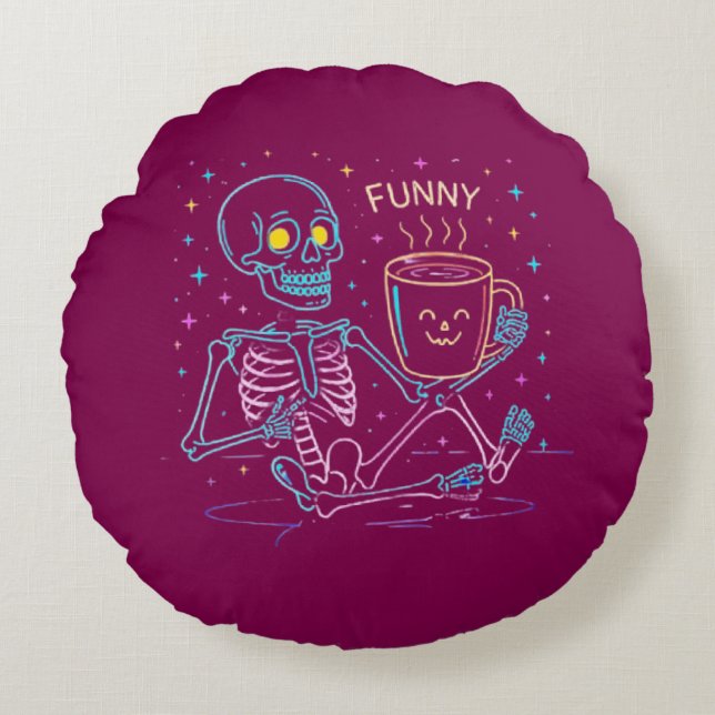 Cute Neon Skeleton Drinking Coffee – Funny Pastel  Rund Kudde (Framsidan)