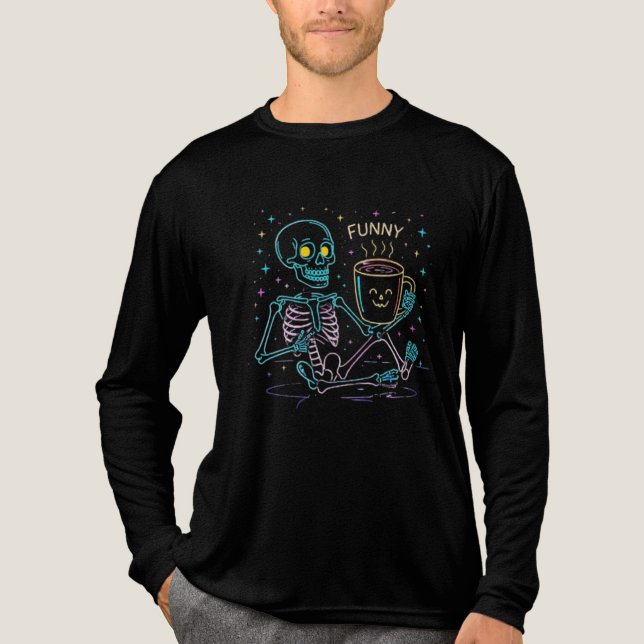 Cute Neon Skeleton Drinking Coffee – Funny Pastel  T Shirt (Framsida)