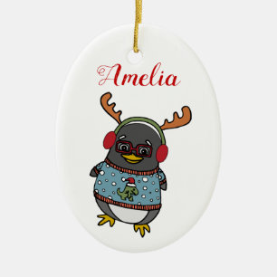 Cute Nerd Penguin Anpassad namnjul Julgransprydnad Keramik