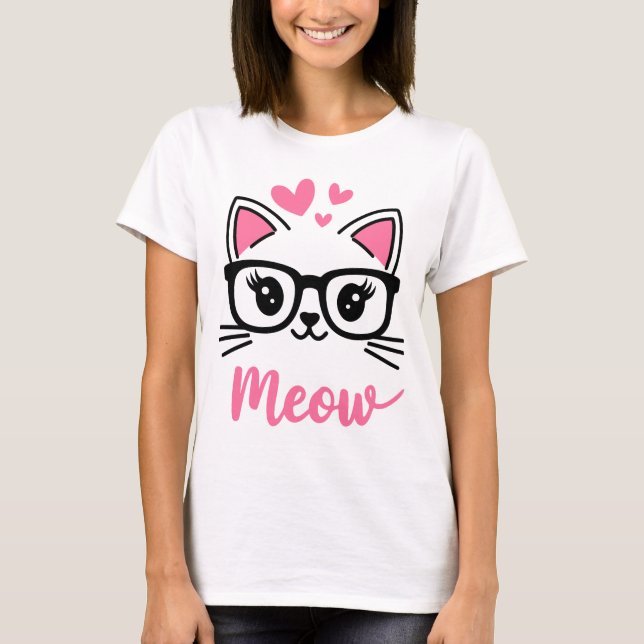 Cute Nerdy Cat - Meow Design Funny cat T Shirt (Framsida)