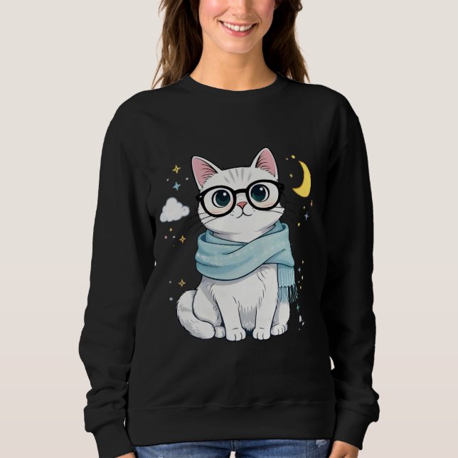 Cute Nerdy Cat with Glasses and Scarf T Shirt (Framsida)