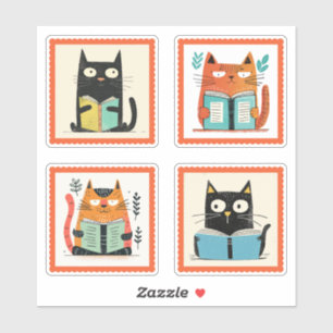 Cute Nerdy Cats Reading Bokar Whimsical Frimärke P Klistermärken