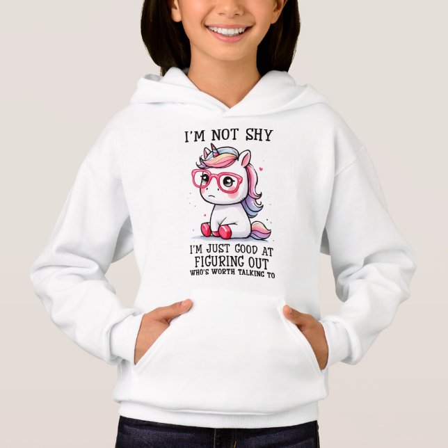 Cute Nerdy Unicorn Girls Hoodie: Shy and Aduly T Shirt (Framsida)