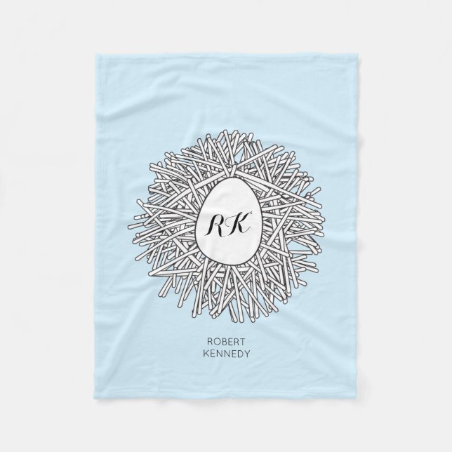 Cute Nest & Egg Personlig Initialer & Namn Blue Fleecefilt (Framsidan)