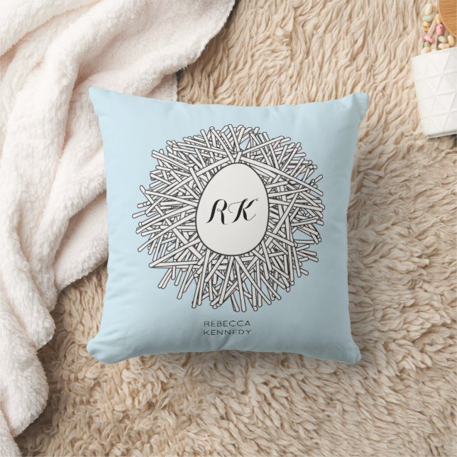 Cute Nest & Egg Personlig Initialer & Namn Blue Kudde (Filt)