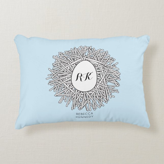Cute Nest & Egg Personlig Initialer & Namn Blue Prydnadskudde (Framsidan)