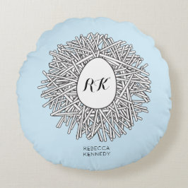 Cute Nest & Egg Personlig Initialer & Namn Blue Rund Kudde
