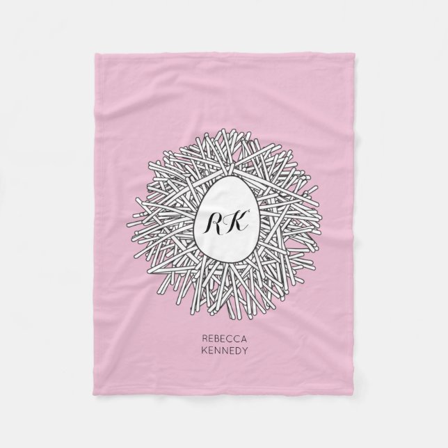 Cute Nest & Egg Personlig Initialer & Namn Rosa Fleecefilt (Framsidan)