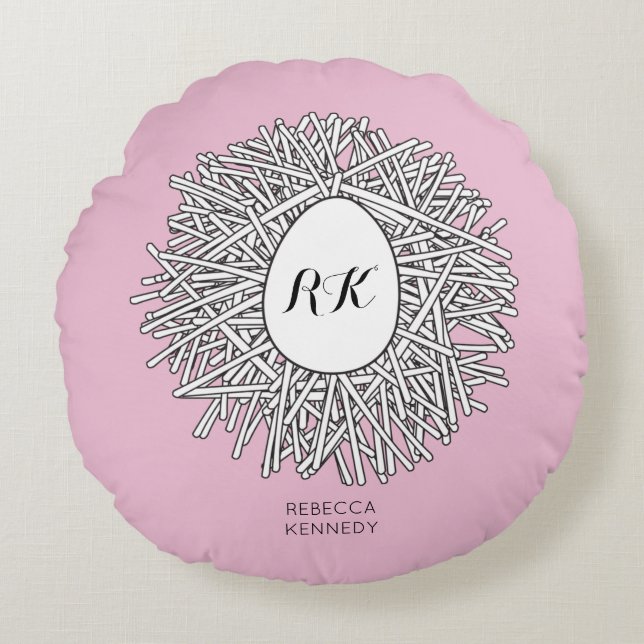 Cute Nest & Egg Personlig Initialer & Namn Rosa Rund Kudde (Framsidan)
