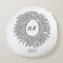 Cute Nest & Egg - Personlig Initialer & Namn Rund Kudde