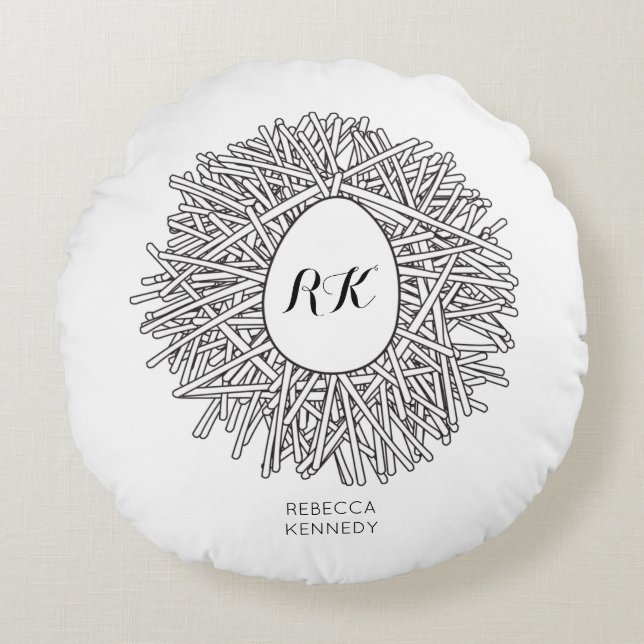 Cute Nest & Egg - Personlig Initialer & Namn Rund Kudde (Framsidan)