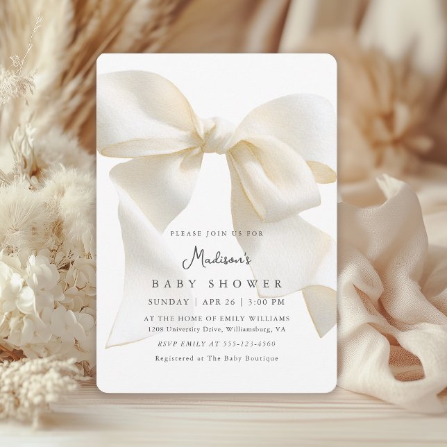 Cute Neutral Ivory Coquette Bow Baby Shower Inbjudningar (Invitation may be ordered in both printed and instant download digital formats.)