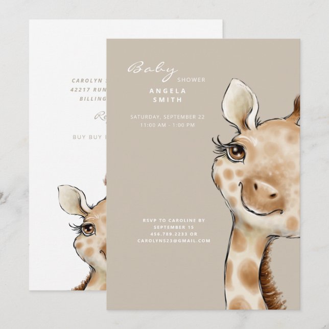 Cute Neutralt Beige Baby Giraffe Baby Shower Inbjudningar (Fram/baksida)
