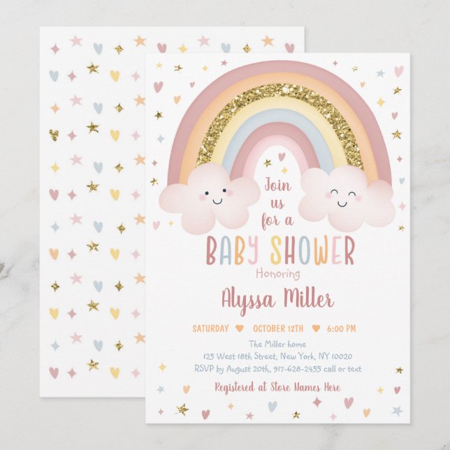 Cute Neutralt Boho Rainbow Clouds Baby Shower Inbjudningar (Fram/baksida)