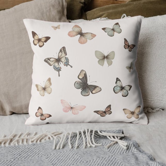 Cute Neutralt Butterflies, Muted Tones Blek Rosa Kudde (Add a touch of whimsy with this butterfly pillow. Perfect for a charming and playful decor touch.)