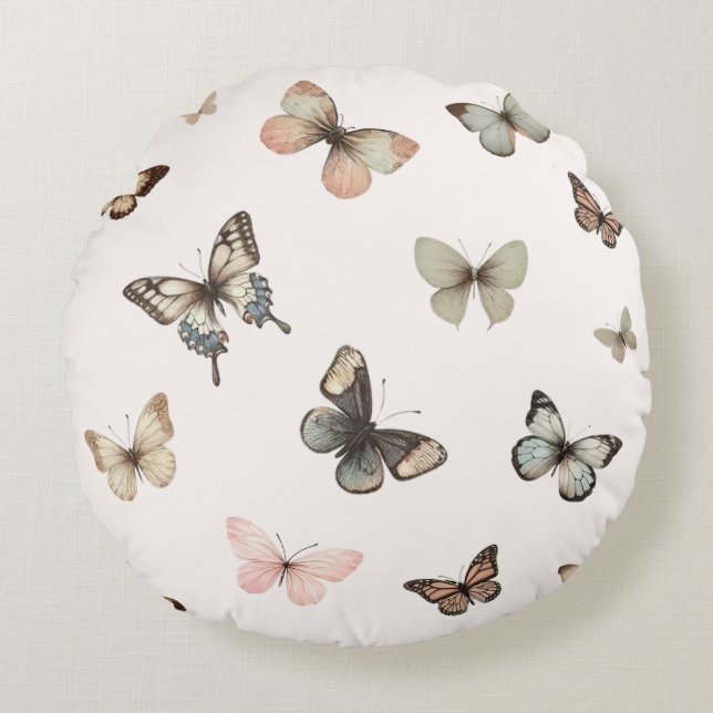 Cute Neutralt Butterflies, Muted Tones Blek Rosa Rund Kudde (Framsidan)