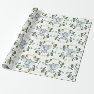 Cute Neutralt Elephant Greenery Guld Baby födelse Presentpapper