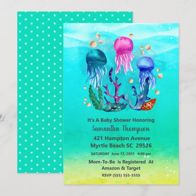 Cute Neutralt Underwater Jelly Fish Baby Shower Inbjudningar (Fram/baksida)